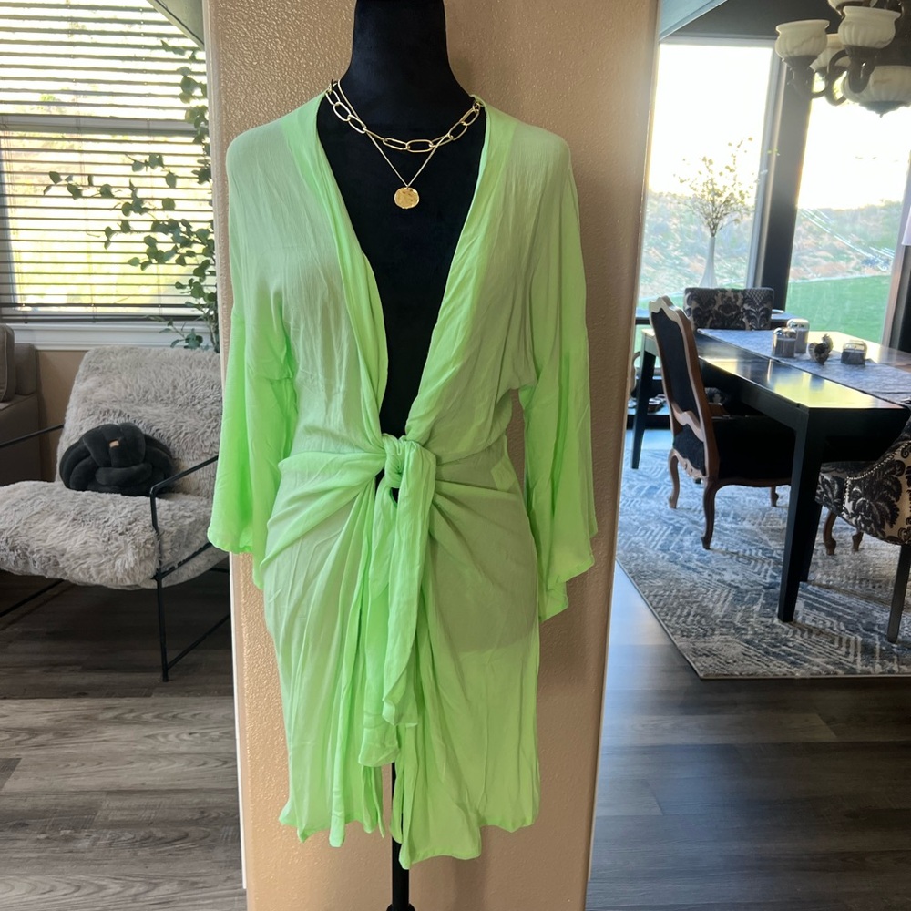 VIX MWT Lime Green Sheer Tie-Front Cover-Up